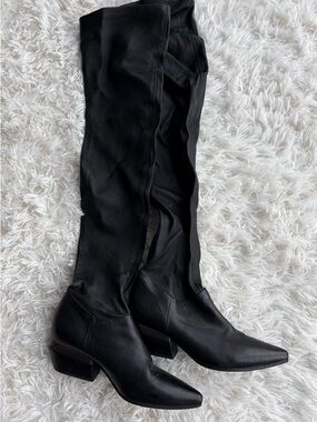 Vic Matie Black Over‑the‑Knee Leather Boots – Silver Heel Accent – Size 36
